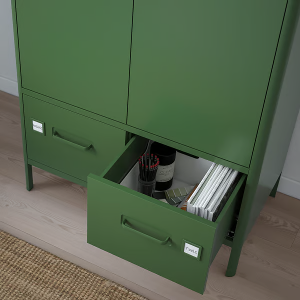 dark green cabinet black metal handles