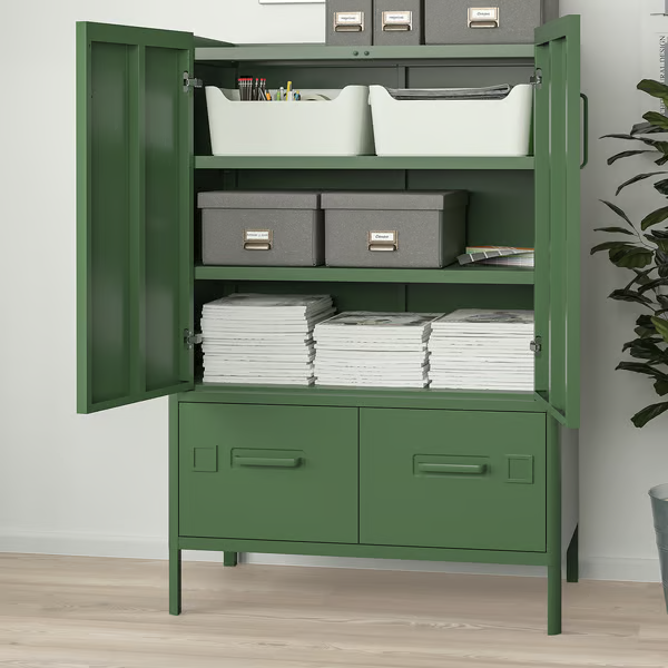 dark green cabinet with doors and drawers