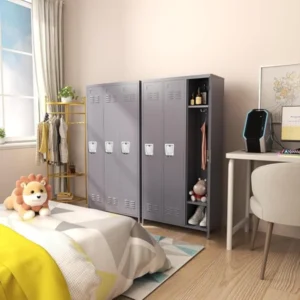 grey three door tall metal locker