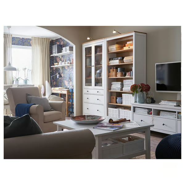 hemnes-tall-pine-display-cabinet-with-drawers